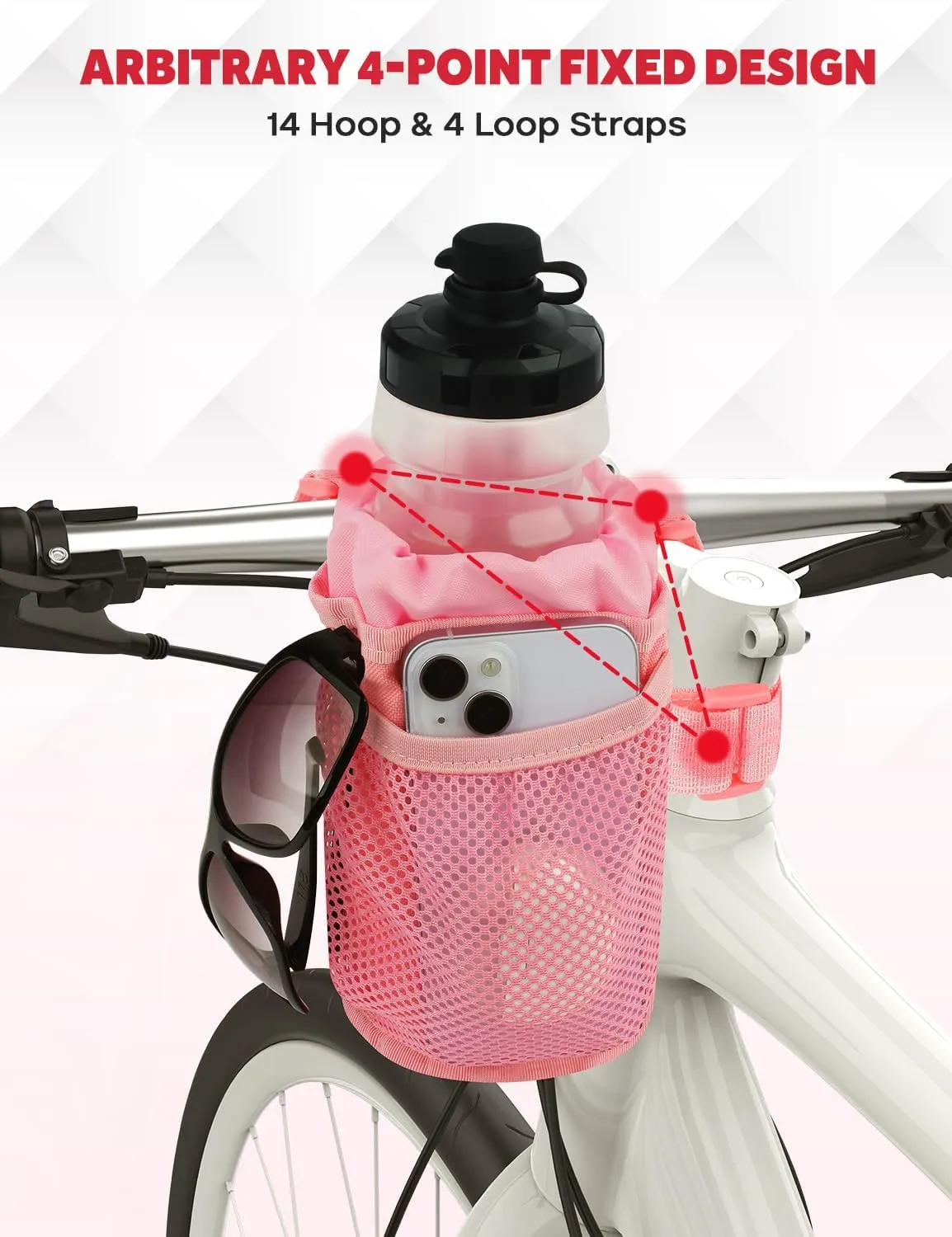 Bike Cup Holder, Water Bottle Holder Handlebar for Bike with Mesh Pockets, Universal Fabric Bicycle Water Bottle Drink Cup Cage for Cruiser Bikes, Scooter, Mountain MTB, Stroller, Wheelchair, Boat
