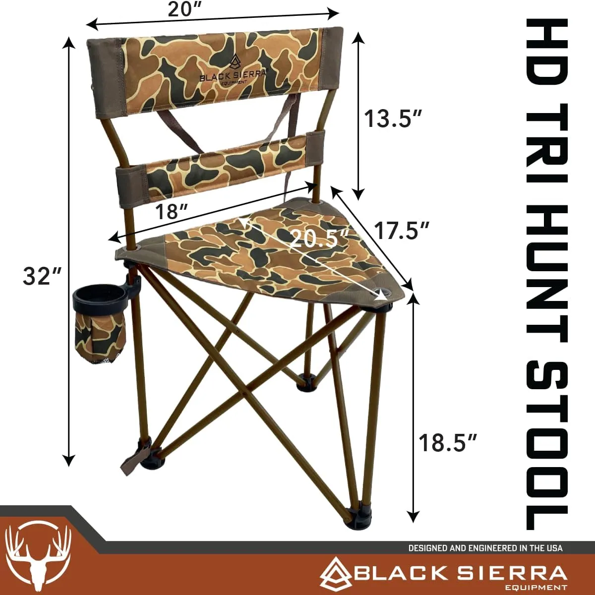 Black Sierra XL Tripod Hunting Stool, Foldable Tripod Seat w/Steel Frame Supports 300 Lbs, Heavy Duty Fishing Chair Features Cup-Holder & Carry Shoulder Strap, for Camping, Hiking, Fishing