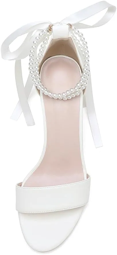 Block Heel Sandals Women's 2.76" Chunky Pearl Ankle Strap Wedding Dress Shoes Evening Party Comfortable Pump Sandals 59-01A