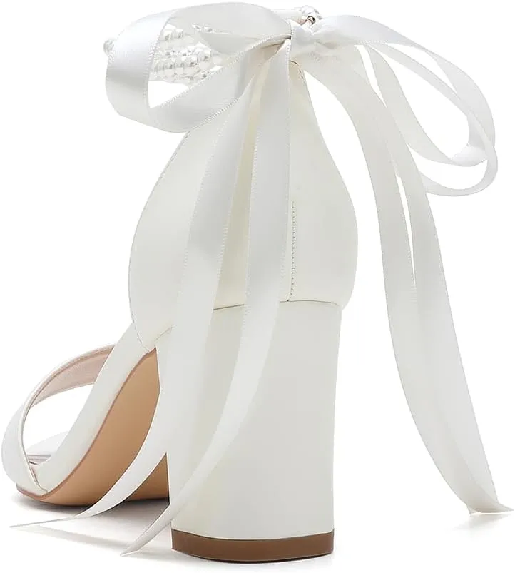 Block Heel Sandals Women's 2.76" Chunky Pearl Ankle Strap Wedding Dress Shoes Evening Party Comfortable Pump Sandals 59-01A