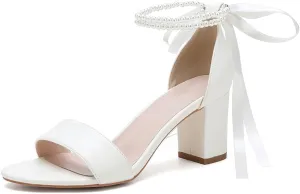 Block Heel Sandals Women's 2.76" Chunky Pearl Ankle Strap Wedding Dress Shoes Evening Party Comfortable Pump Sandals 59-01A