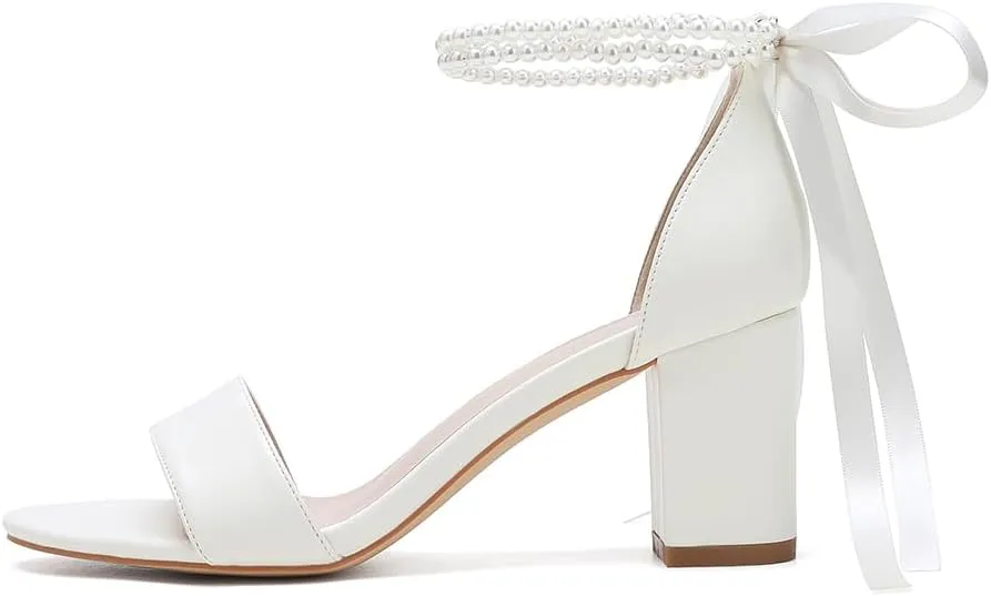 Block Heel Sandals Women's 2.76" Chunky Pearl Ankle Strap Wedding Dress Shoes Evening Party Comfortable Pump Sandals 59-01A