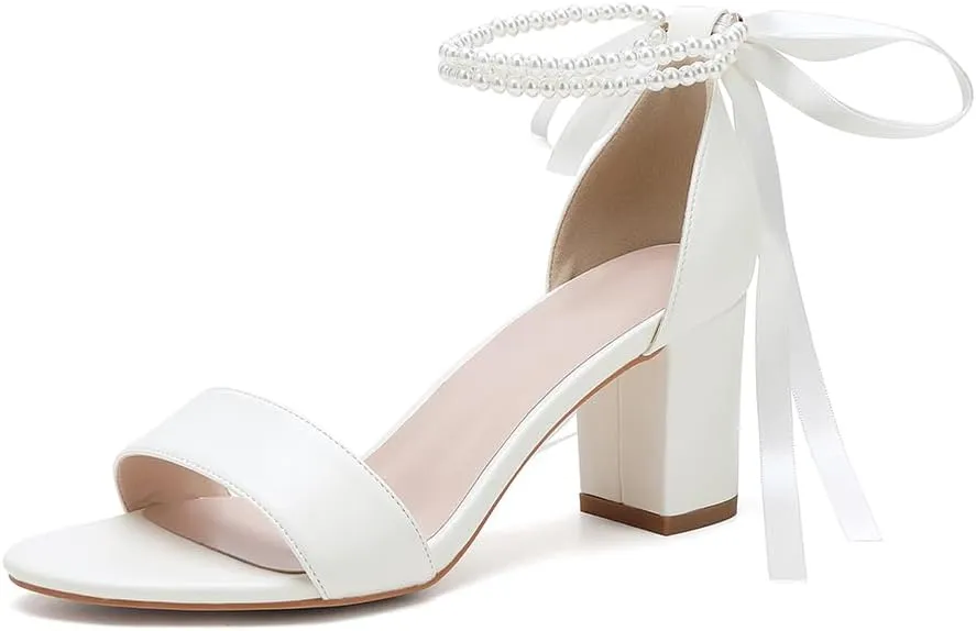 Block Heel Sandals Women's 2.76" Chunky Pearl Ankle Strap Wedding Dress Shoes Evening Party Comfortable Pump Sandals 59-01A