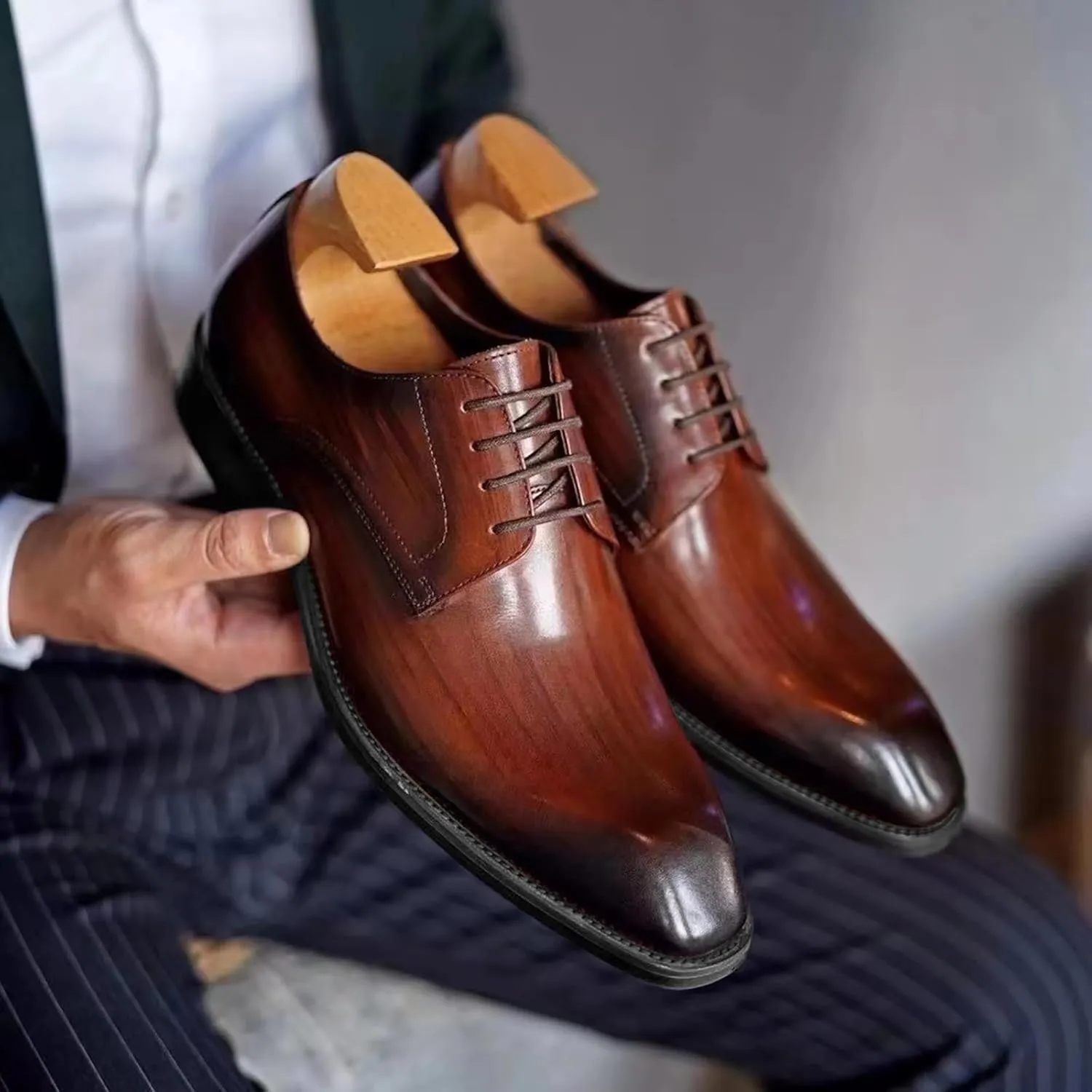 Blue Dress Shoes Men 13 Imitation Wood Grain Fashion Retro Square Toe Leather Shoes 2023 New Foreign Trade Men's Leather Shoes Mens Business Shoes Size 11