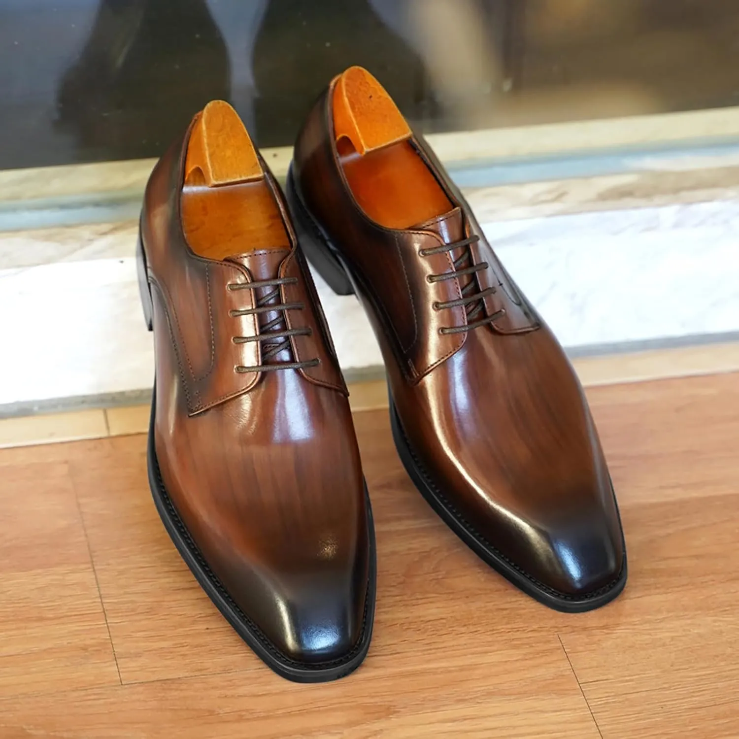 Blue Dress Shoes Men 13 Imitation Wood Grain Fashion Retro Square Toe Leather Shoes 2023 New Foreign Trade Men's Leather Shoes Mens Business Shoes Size 11