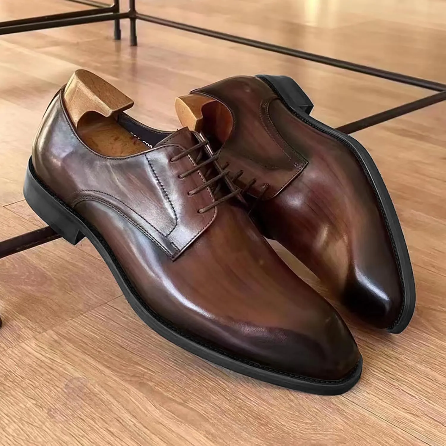 Blue Dress Shoes Men 13 Imitation Wood Grain Fashion Retro Square Toe Leather Shoes 2023 New Foreign Trade Men's Leather Shoes Mens Business Shoes Size 11