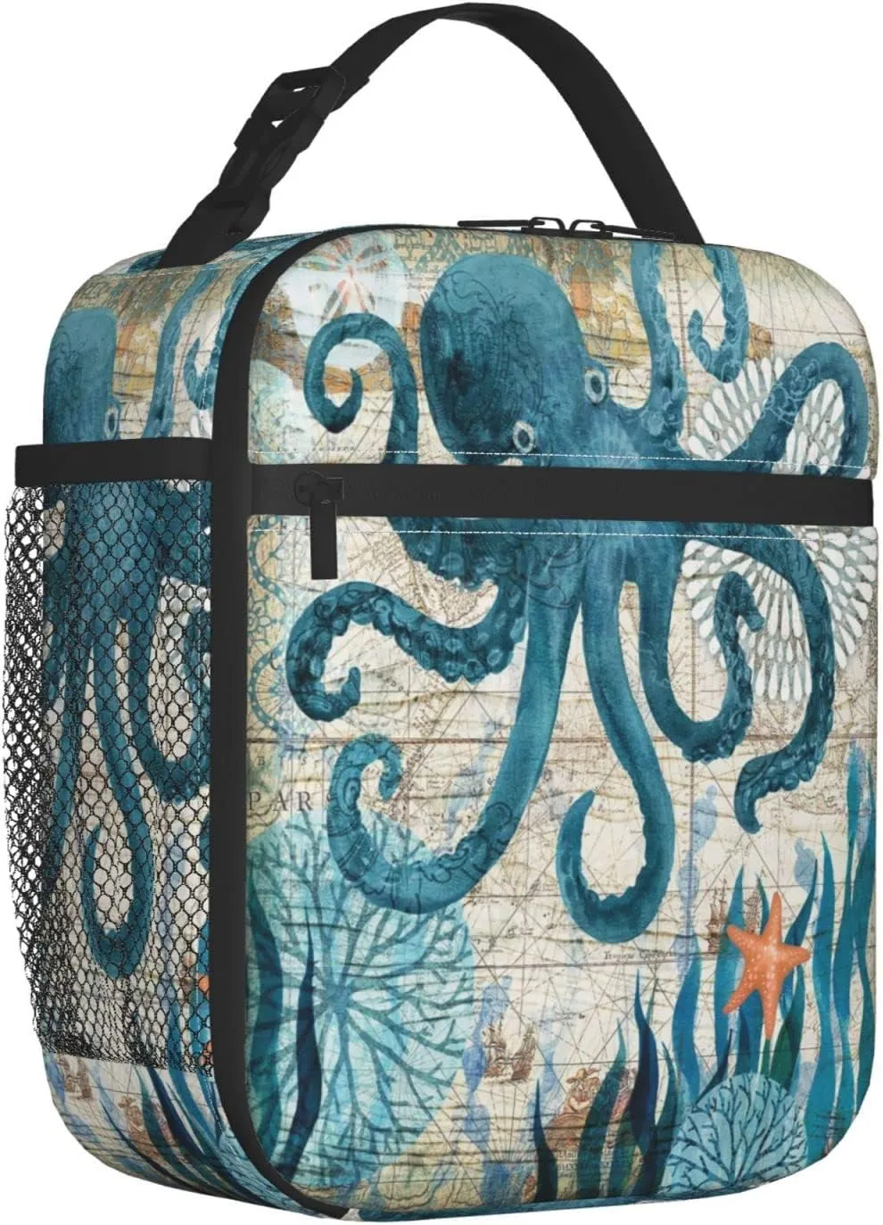 Blue Octopus Nautical Map Portable Lunch Bag Insulated Meal Bag Reusable Lunch Box Cooler Bag Food Container For School Work Travel Picnic Camping