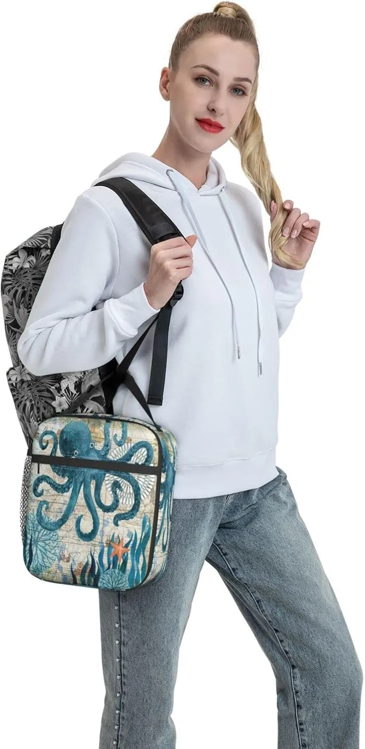 Blue Octopus Nautical Map Portable Lunch Bag Insulated Meal Bag Reusable Lunch Box Cooler Bag Food Container For School Work Travel Picnic Camping