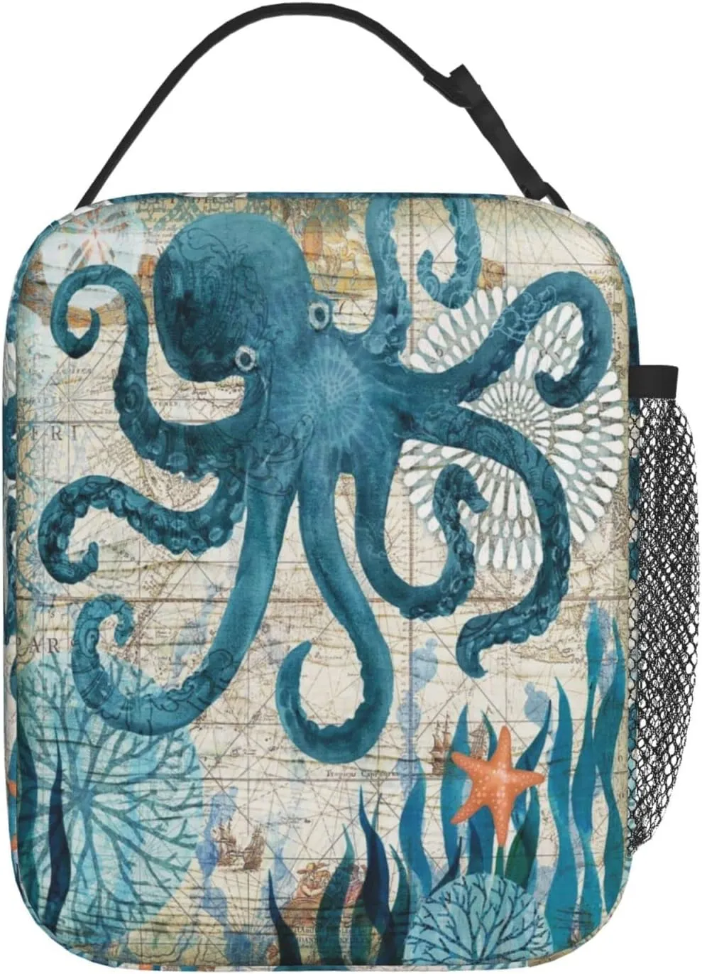 Blue Octopus Nautical Map Portable Lunch Bag Insulated Meal Bag Reusable Lunch Box Cooler Bag Food Container For School Work Travel Picnic Camping