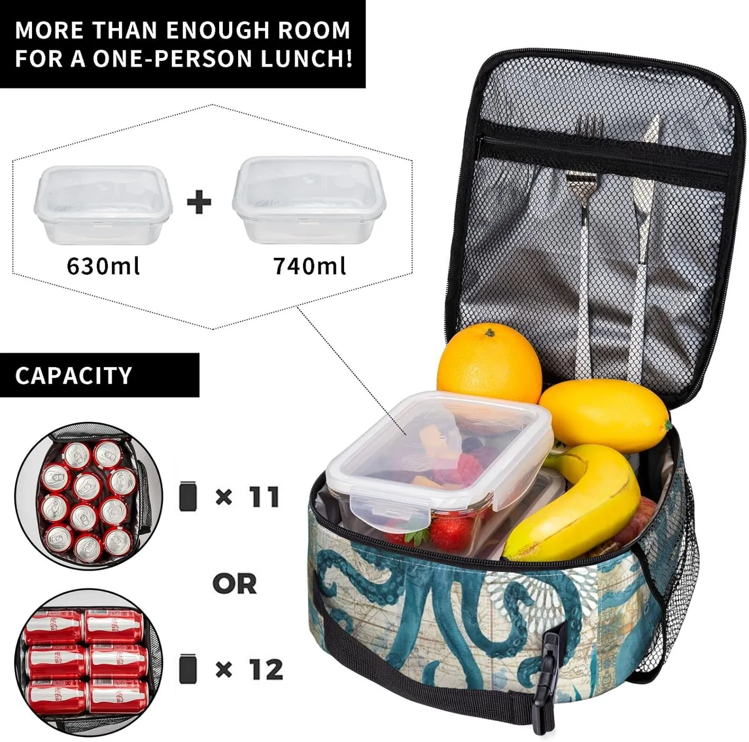 Blue Octopus Nautical Map Portable Lunch Bag Insulated Meal Bag Reusable Lunch Box Cooler Bag Food Container For School Work Travel Picnic Camping