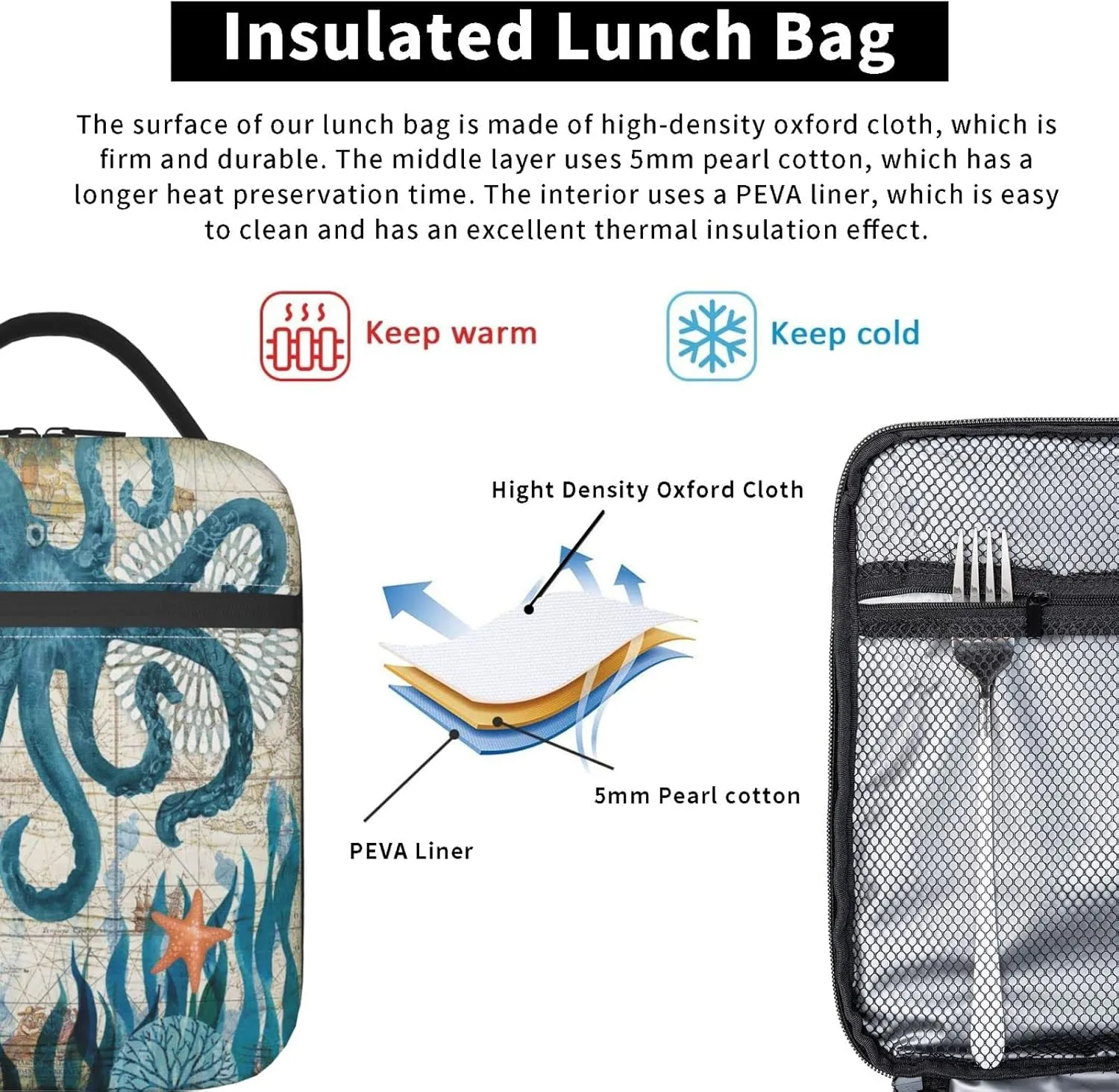 Blue Octopus Nautical Map Portable Lunch Bag Insulated Meal Bag Reusable Lunch Box Cooler Bag Food Container For School Work Travel Picnic Camping