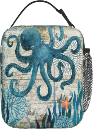 Blue Octopus Nautical Map Portable Lunch Bag Insulated Meal Bag Reusable Lunch Box Cooler Bag Food Container For School Work Travel Picnic Camping