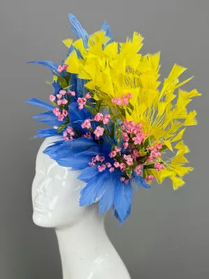 Blue, Pink and Yellow Kentucky Derby fascinator, Derby Hat Alternative (GOLD LINE)