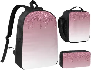 Blush Pink Glitter Sparkle Drips 3-Piece Backpack Set – Lightweight backpack, Insulated Lunch Bag & Pencil Case, Durable Oxford for Travel/Work
