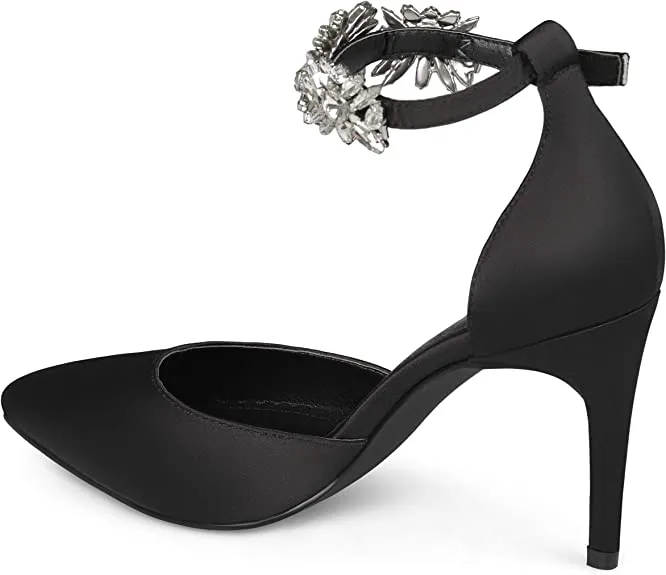 Brinley Co. Womens Lizzie Satin Pointed Toe Rhinestone Ankle Strap D'Orsay Stiletto Heels Black, 7.5 Regular US