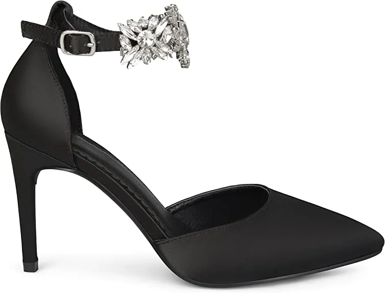 Brinley Co. Womens Lizzie Satin Pointed Toe Rhinestone Ankle Strap D'Orsay Stiletto Heels Black, 7.5 Regular US