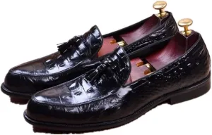 Burnished Crocodile Oxford for Men Formal Shoes Slip On Tassels Round Toe Block Heel Solid Color Casual Business Low Top