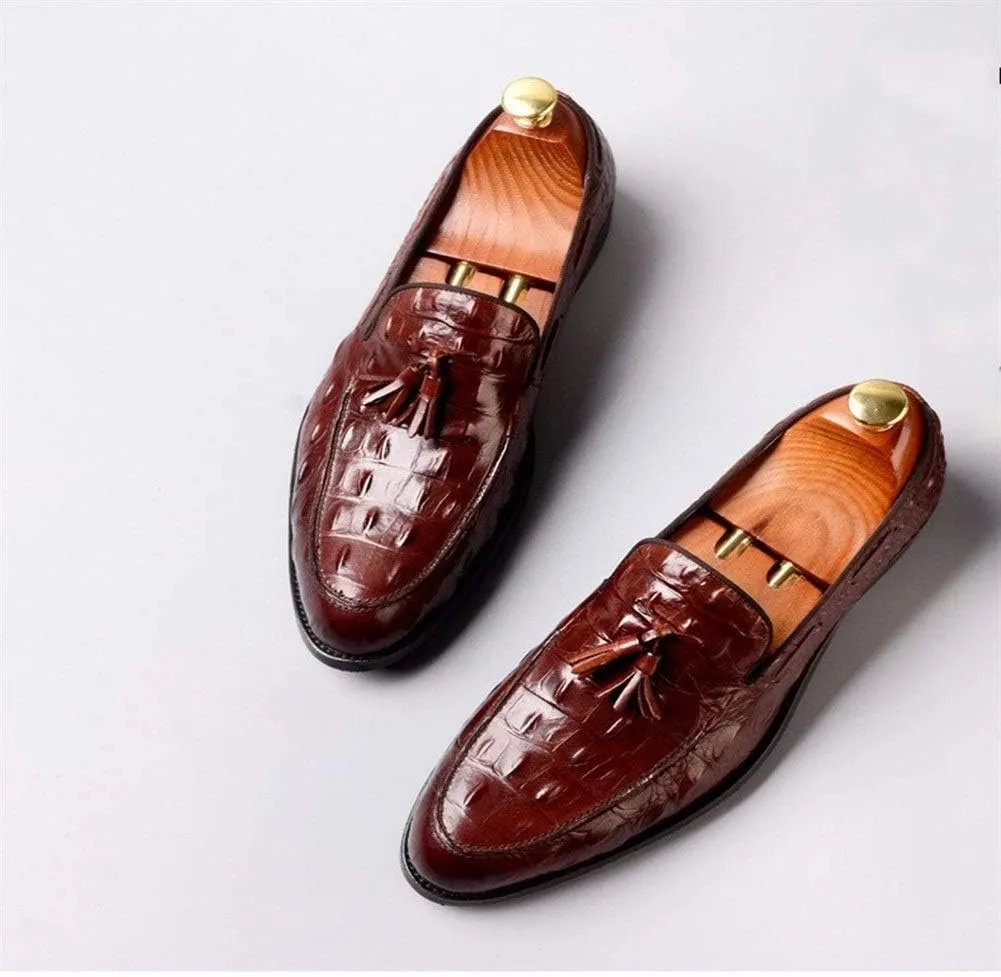 Burnished Crocodile Oxford for Men Formal Shoes Slip On Tassels Round Toe Block Heel Solid Color Casual Business Low Top