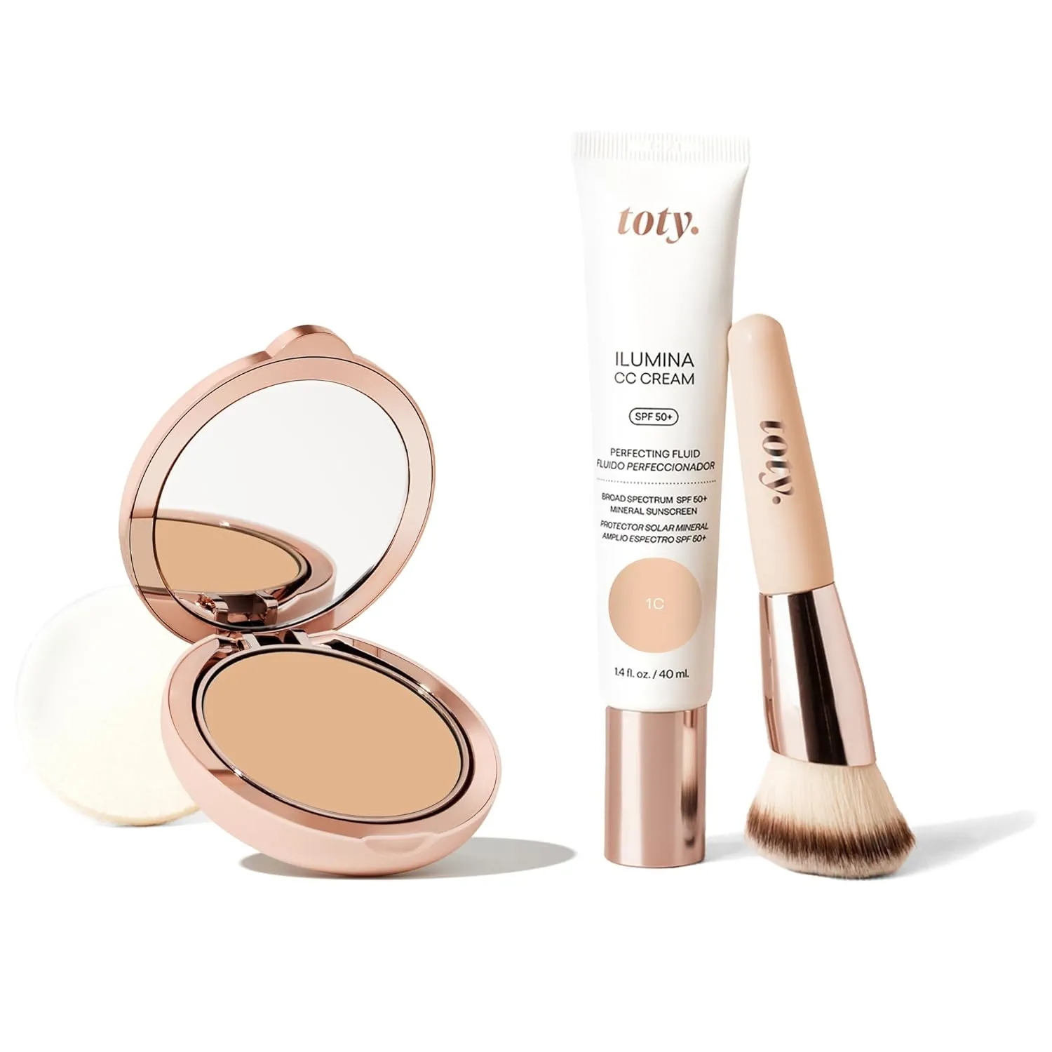 by Sofia Vergara - Ilumina CC Cream 100% Mineral Color Correcting Cream   Ilumina CC Creamy Compact Mineral Broad Spectrum Sunscreen   Angled Complexion & Foundation Blending Brush - 1C