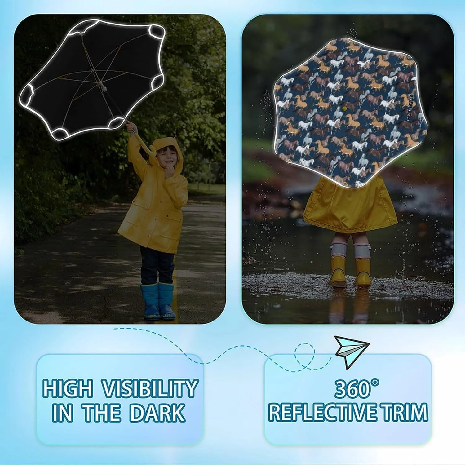 Capybara Kids Stick Umbrella with Reflective Strip Rounded Corner Wind-Proof Anti-UV Strong Portable Durable Lightweight Compact Umbrellas for Girls Boys Toddler