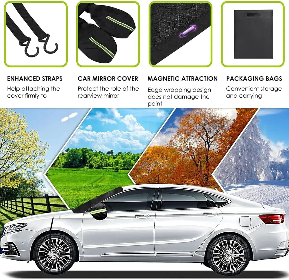Car Windshield Snow Cover for Nissan Micra K13 Visia First/Acenta/Tekna 2010-2017, Magnetic Anti-Snow Cover Winter Frost Shield with Side Mirror Covers Front Windshield Cover for Ice and Snow