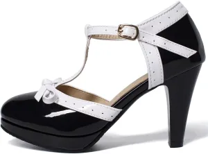 Caradise Womens High Heel T Strap Mary Jane Patent Pumps with Bow Rockabilly Dress Shoes