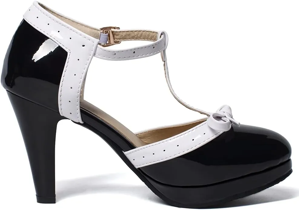 Caradise Womens High Heel T Strap Mary Jane Patent Pumps with Bow Rockabilly Dress Shoes