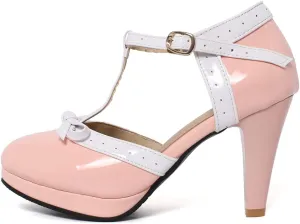 Caradise Womens High Heel T Strap Mary Jane Patent Pumps with Bow Rockabilly Dress Shoes