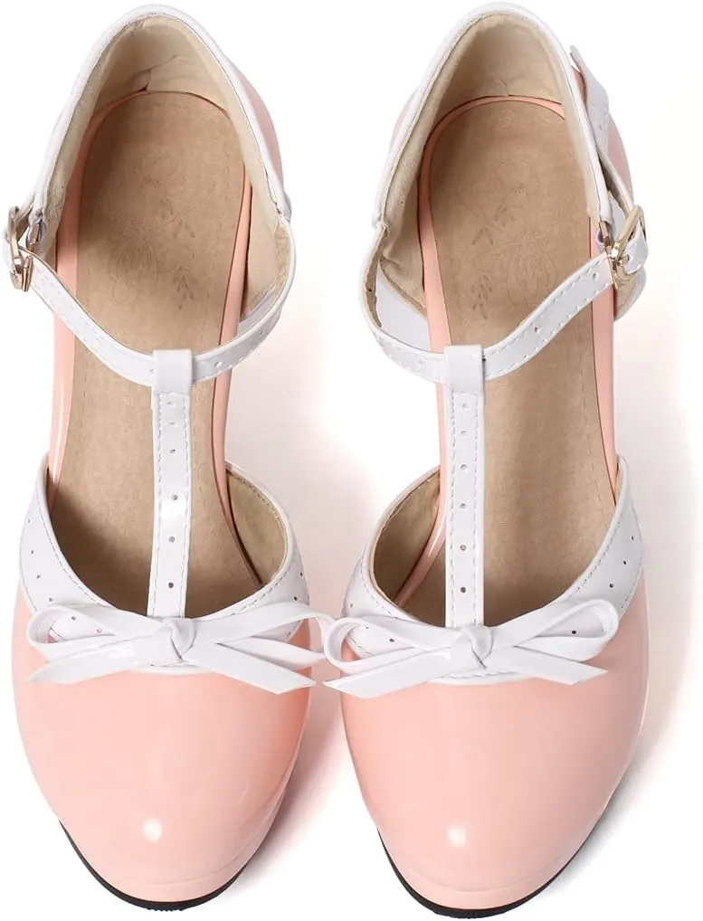 Caradise Womens High Heel T Strap Mary Jane Patent Pumps with Bow Rockabilly Dress Shoes