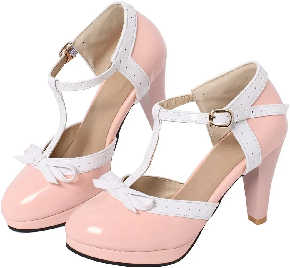 Caradise Womens High Heel T Strap Mary Jane Patent Pumps with Bow Rockabilly Dress Shoes