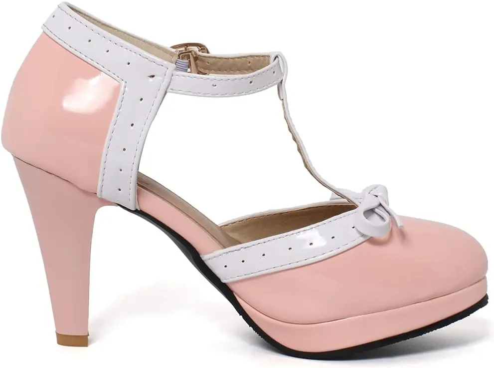 Caradise Womens High Heel T Strap Mary Jane Patent Pumps with Bow Rockabilly Dress Shoes