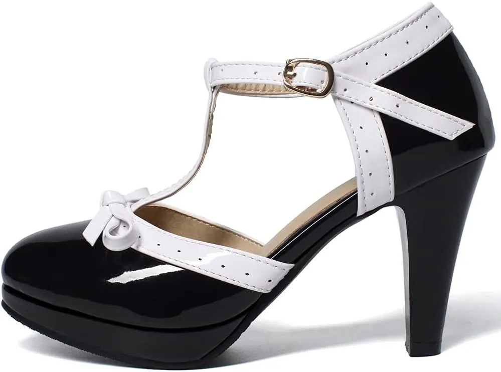 Caradise Womens High Heel T Strap Mary Jane Patent Pumps with Bow Rockabilly Dress Shoes