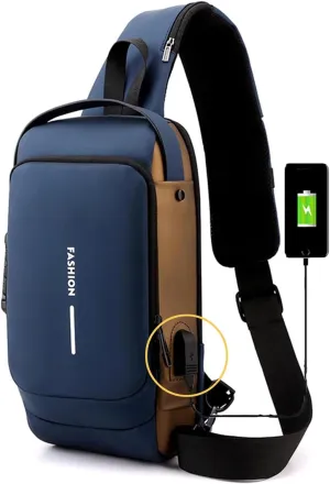 Carbon Fiber Streamline Anti-theft Sling Bag, Waterproof Durable Crossbody Bag with USB Charging Port (Blue Gold)