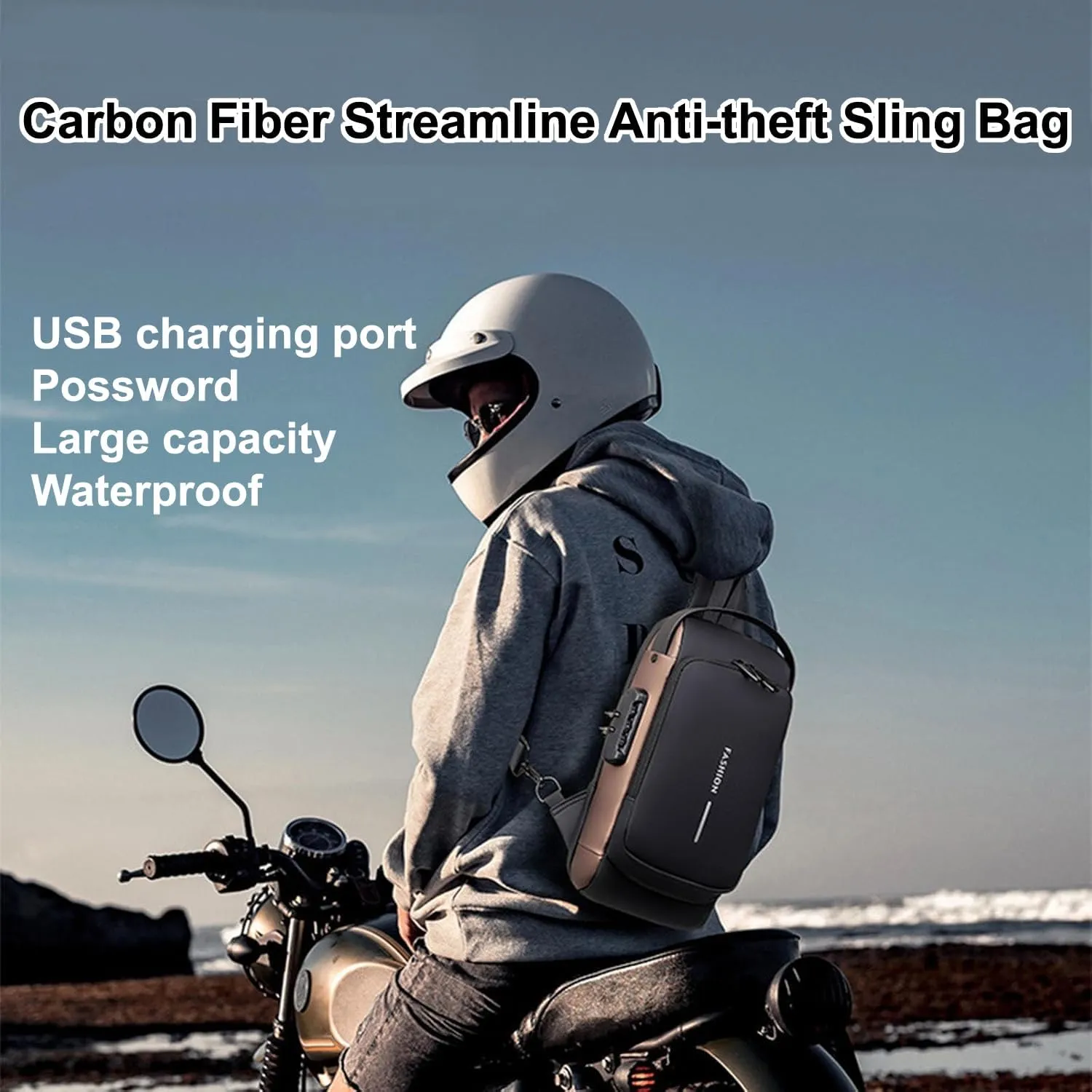 Carbon Fiber Streamline Anti-theft Sling Bag, Waterproof Durable Crossbody Bag with USB Charging Port (Blue Gold)