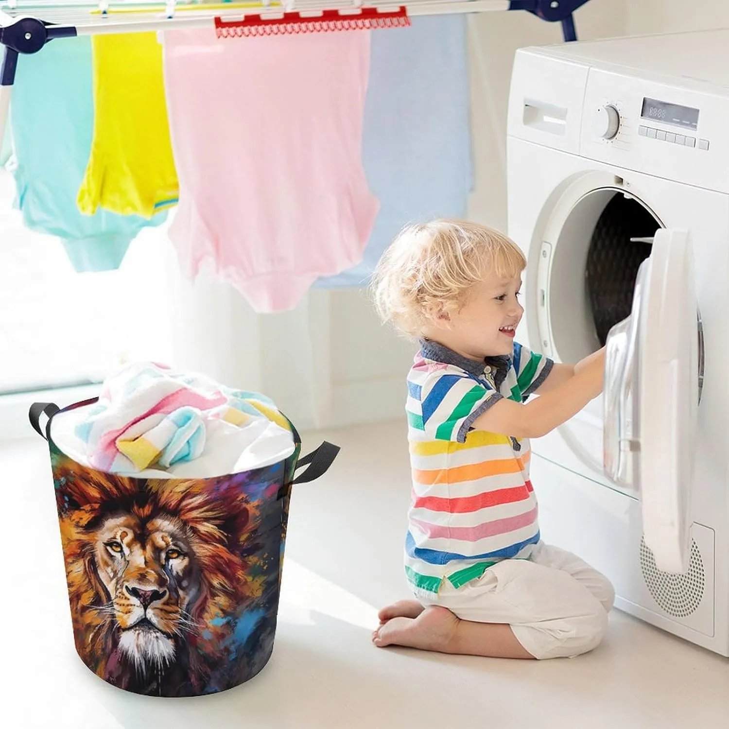Carnivore Laundry Basket, King of Forest Collapsible Laundry Hamper, Waterproof Oxford Cloth Laundry Bag with Handles, Wild Animals Clothes Toy Organizer Basket for Room