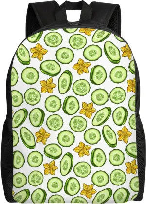 Cartoon Cucumber and Flower Pattern Backpack for Women Men Worker Teacher Business Travel Backpacks Shoulders Bag Daypack Bookbag with Mesh Pockets