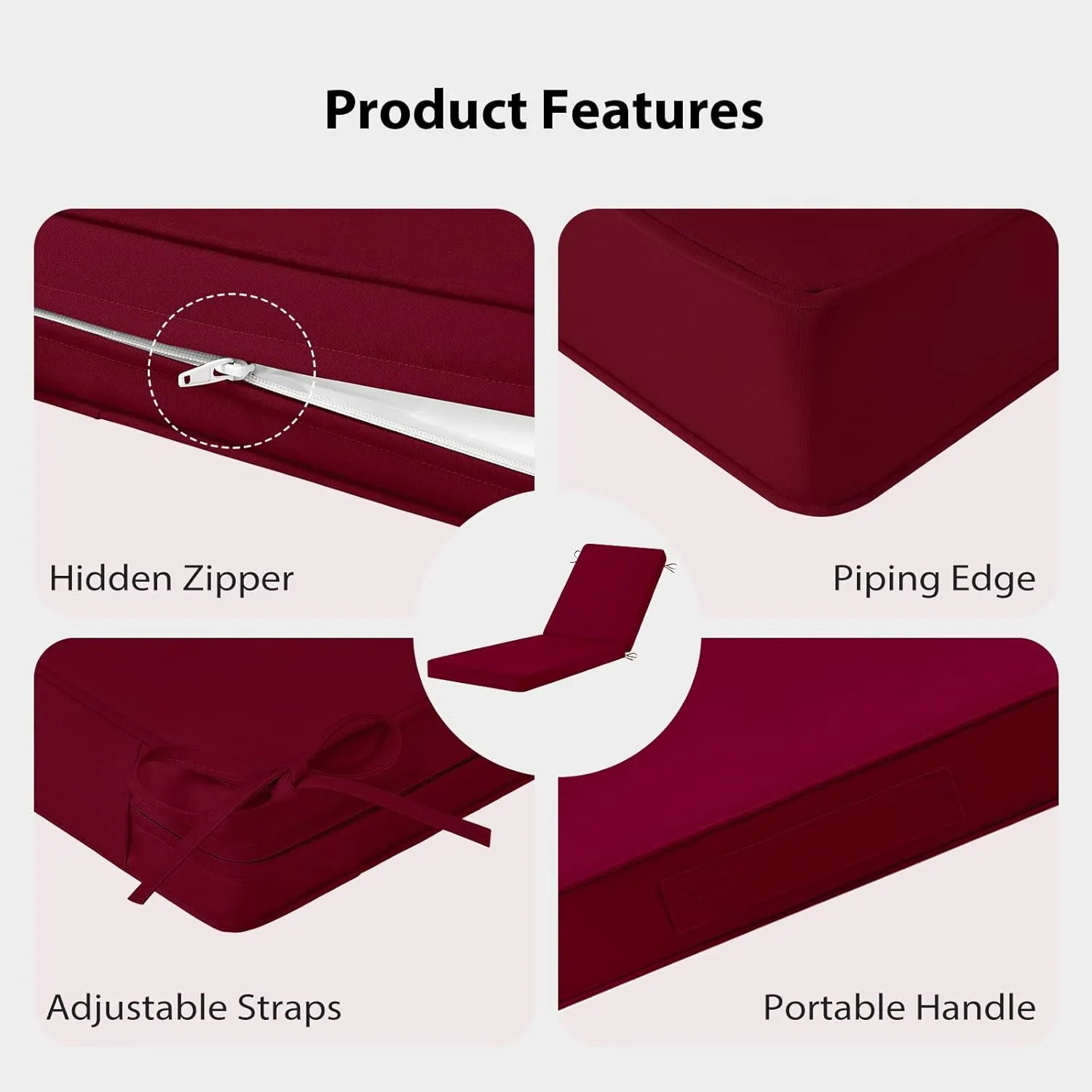 Chaise Lounge Cushions Outdoor, 72"x21"x3" Triple-Waterproof Outdoor Chair Cushions with Removable Cover, 4 Adjustable Ties Lounge Chair Cushions for Outdoor Furniture, Burgundy