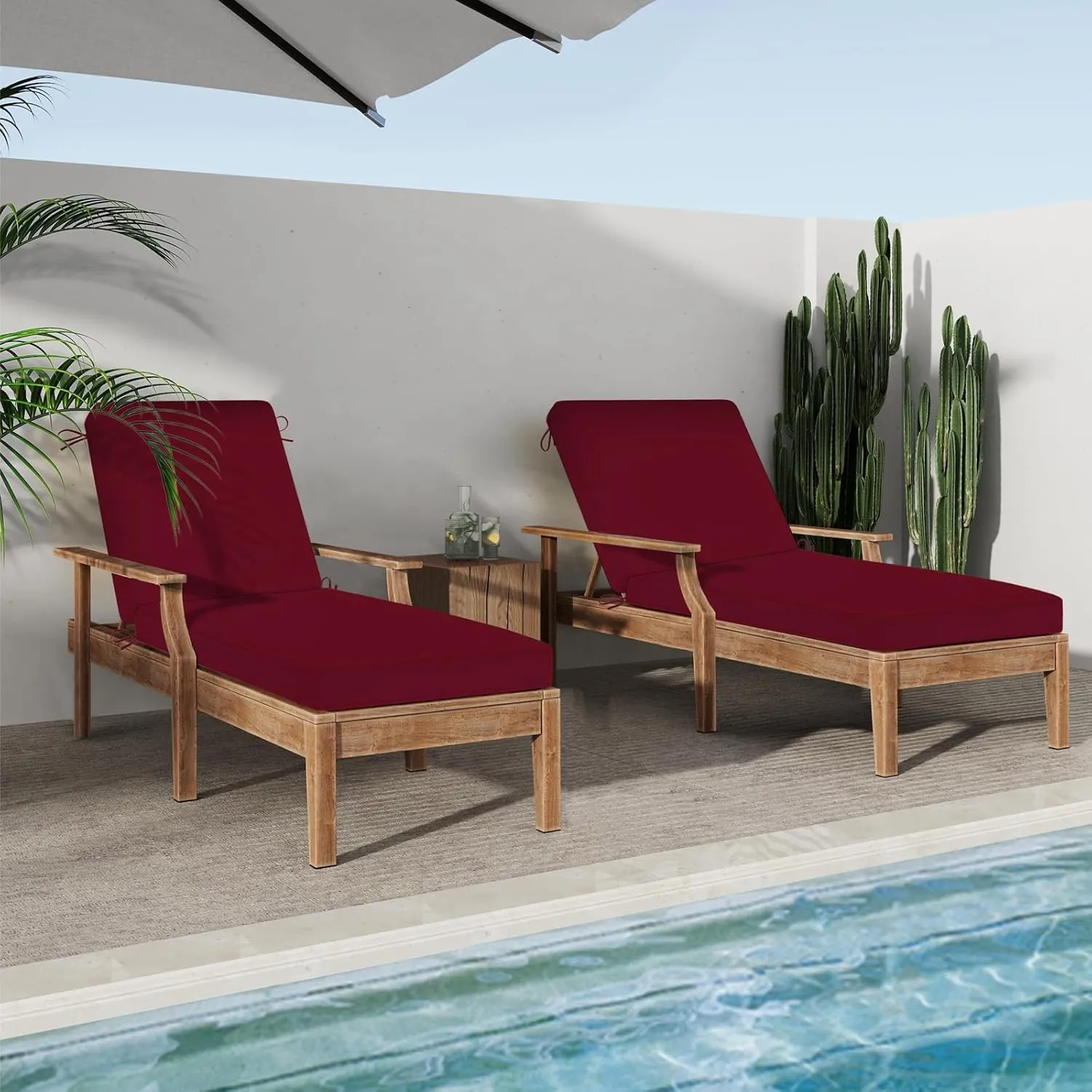 Chaise Lounge Cushions Outdoor, 72"x21"x3" Triple-Waterproof Outdoor Chair Cushions with Removable Cover, 4 Adjustable Ties Lounge Chair Cushions for Outdoor Furniture, Burgundy