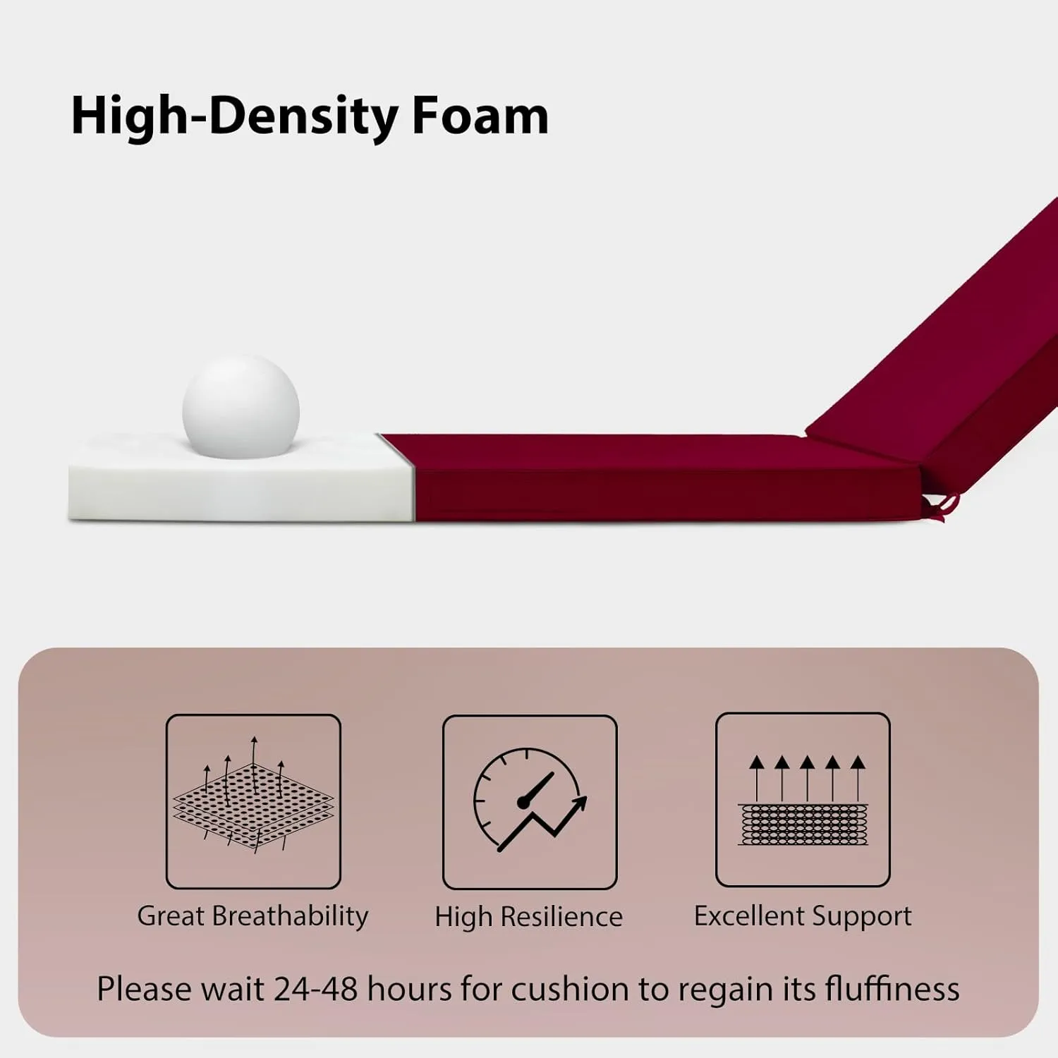 Chaise Lounge Cushions Outdoor, 72"x21"x3" Triple-Waterproof Outdoor Chair Cushions with Removable Cover, 4 Adjustable Ties Lounge Chair Cushions for Outdoor Furniture, Burgundy