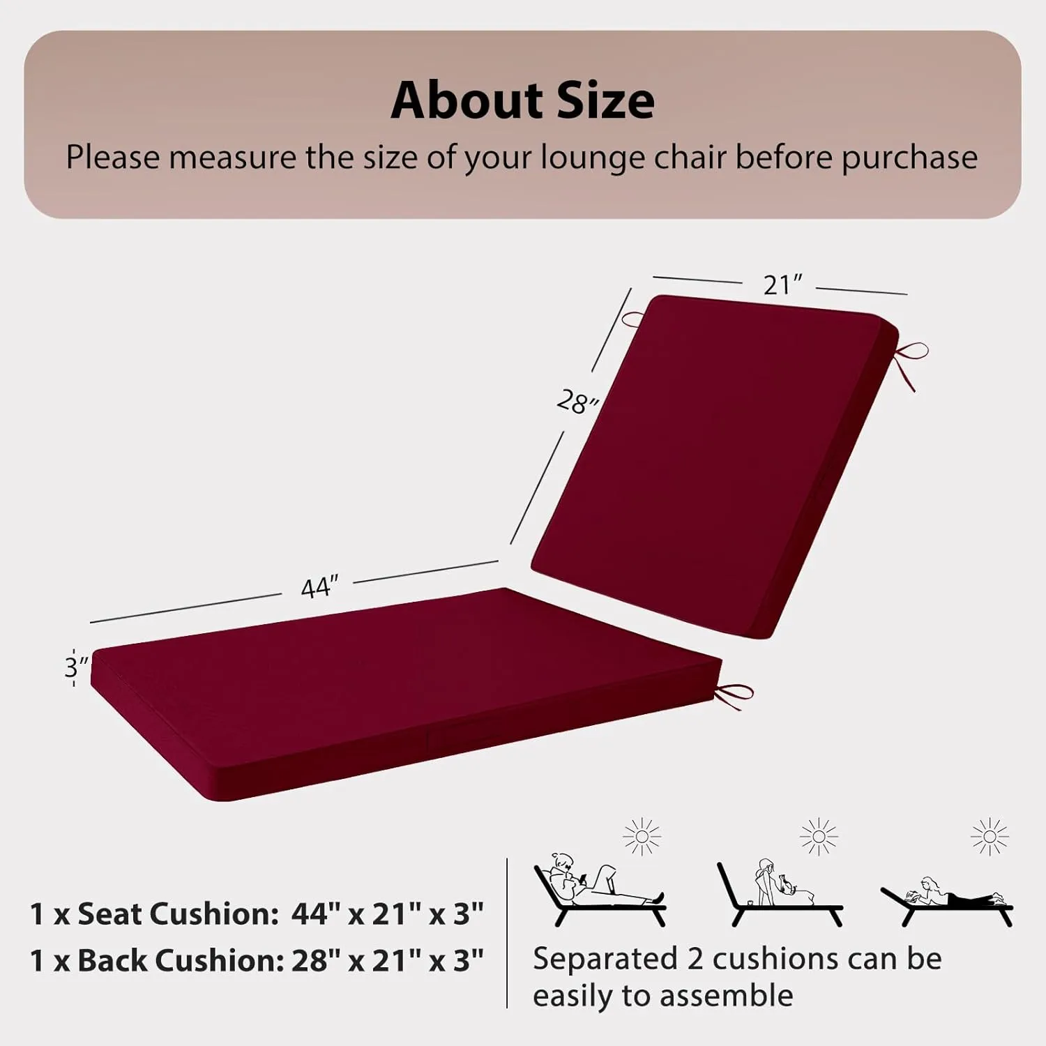 Chaise Lounge Cushions Outdoor, 72"x21"x3" Triple-Waterproof Outdoor Chair Cushions with Removable Cover, 4 Adjustable Ties Lounge Chair Cushions for Outdoor Furniture, Burgundy
