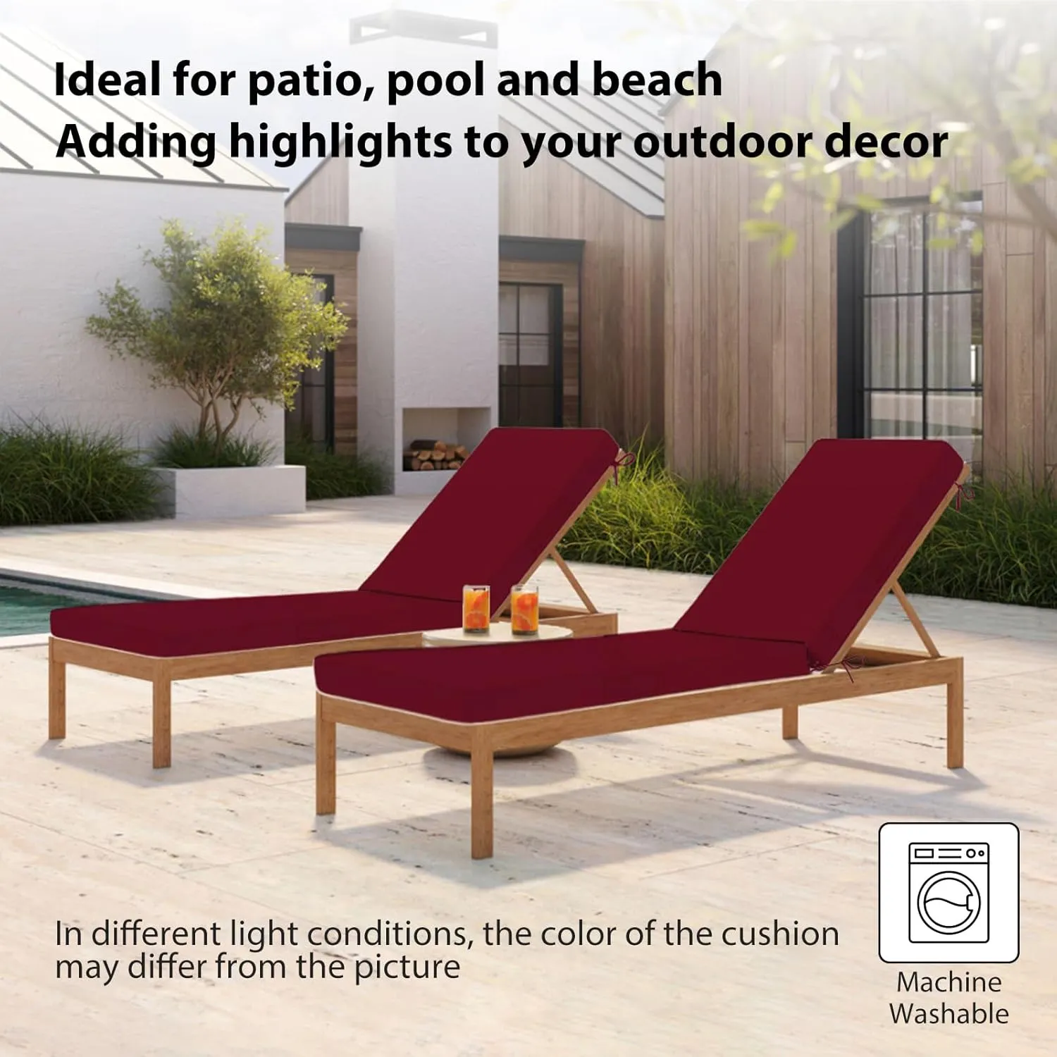 Chaise Lounge Cushions Outdoor, 72"x21"x3" Triple-Waterproof Outdoor Chair Cushions with Removable Cover, 4 Adjustable Ties Lounge Chair Cushions for Outdoor Furniture, Burgundy