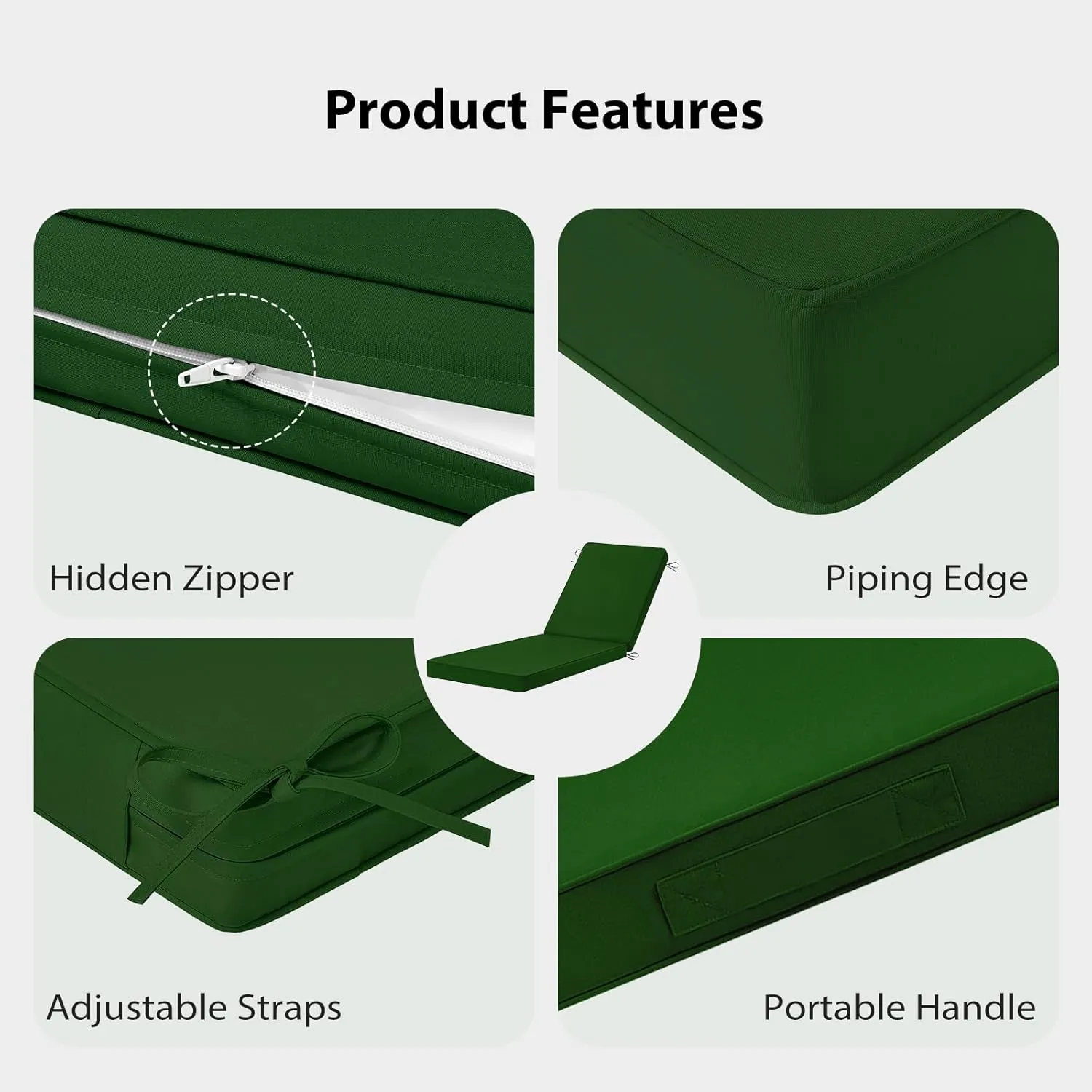 Chaise Lounge Cushions Outdoor, 72"x21"x3" Triple-Waterproof Outdoor Chair Cushions with Removable Cover, 4 Adjustable Ties Lounge Chair Cushions for Outdoor Furniture, Forest Green