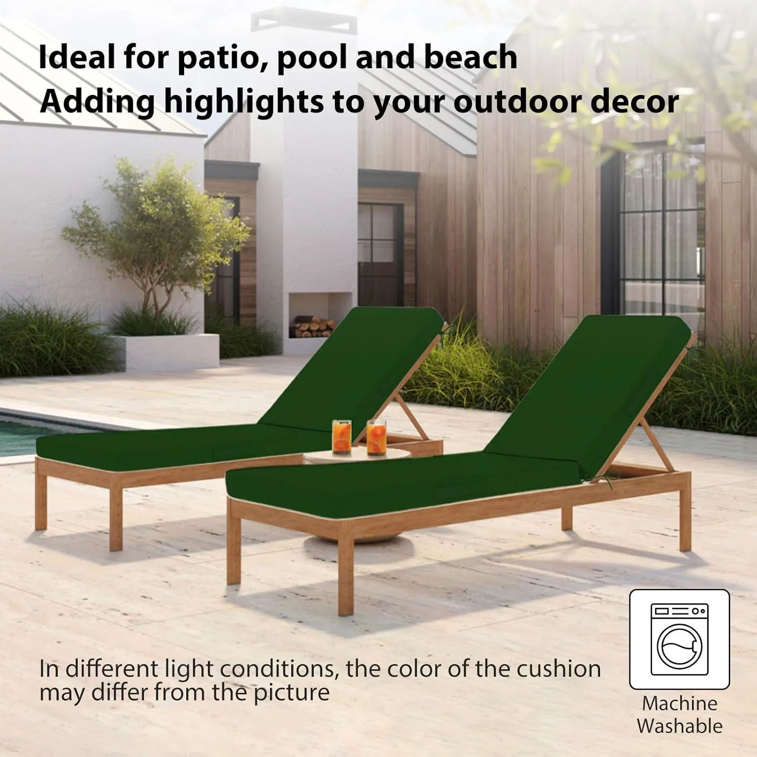 Chaise Lounge Cushions Outdoor, 72"x21"x3" Triple-Waterproof Outdoor Chair Cushions with Removable Cover, 4 Adjustable Ties Lounge Chair Cushions for Outdoor Furniture, Forest Green