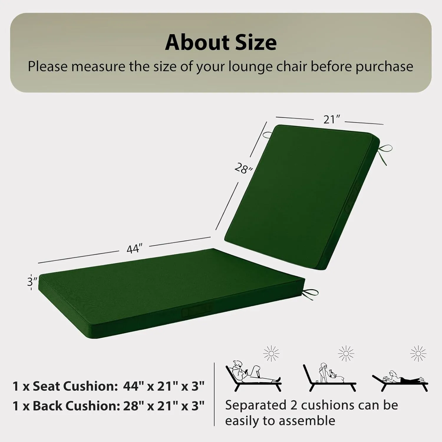 Chaise Lounge Cushions Outdoor, 72"x21"x3" Triple-Waterproof Outdoor Chair Cushions with Removable Cover, 4 Adjustable Ties Lounge Chair Cushions for Outdoor Furniture, Forest Green