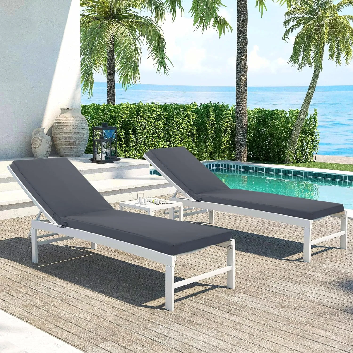 Chaise Lounge Cushions Outdoor Set of 2 - Waterproof and Fade Resistant Sun Lounger Replacement Cushions - Patio Lounger Pads with Removable Cover for Pool, Deck, 72 x 21 x 3 Inch, Dark Grey