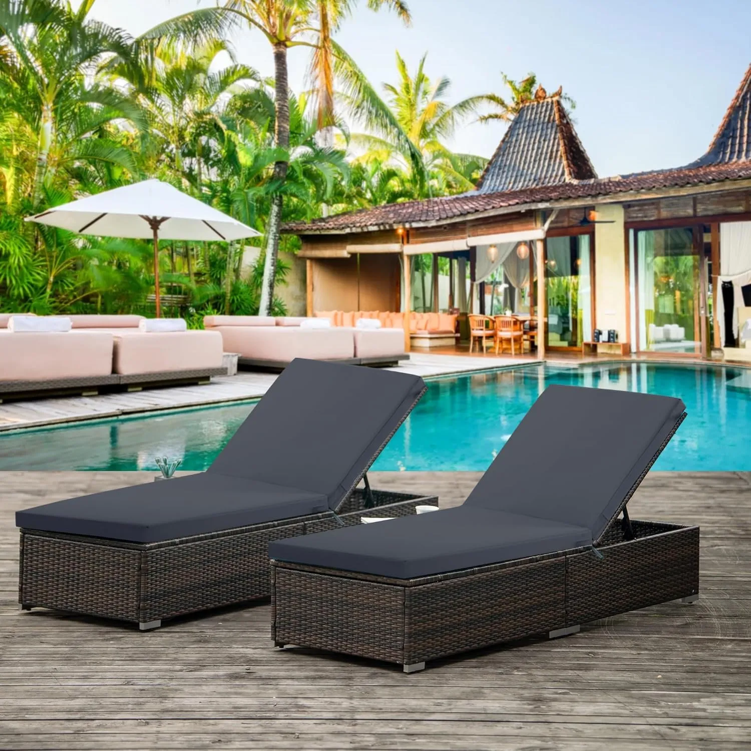 Chaise Lounge Cushions Outdoor Set of 2 - Waterproof and Fade Resistant Sun Lounger Replacement Cushions - Patio Lounger Pads with Removable Cover for Pool, Deck, 72 x 21 x 3 Inch, Dark Grey
