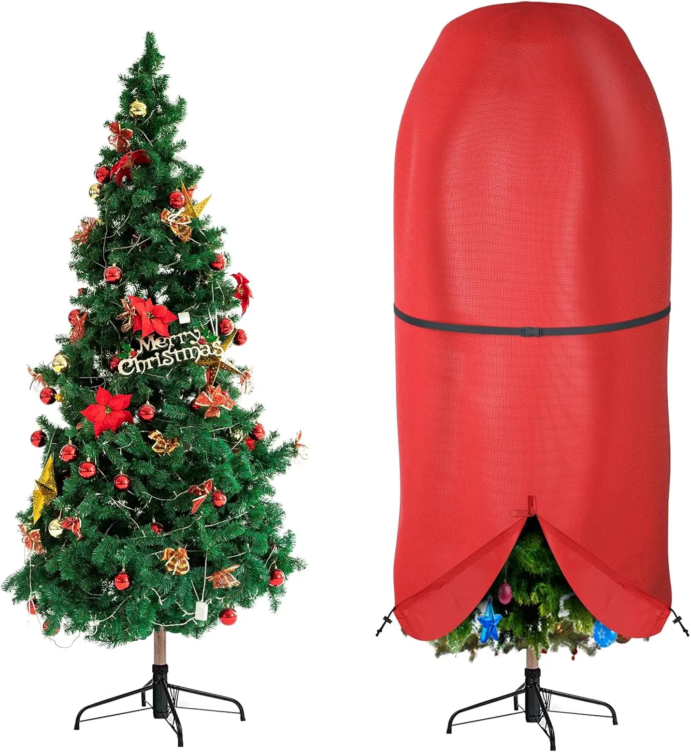 Christmas Tree Cover with Adjustable Straps, Durable Upright Xmas Tree Storage Bag with Zipper & Drawstring for up to 7.5 Foot Artificial Tree Standing with Ornaments, Waterproof, Dustproof