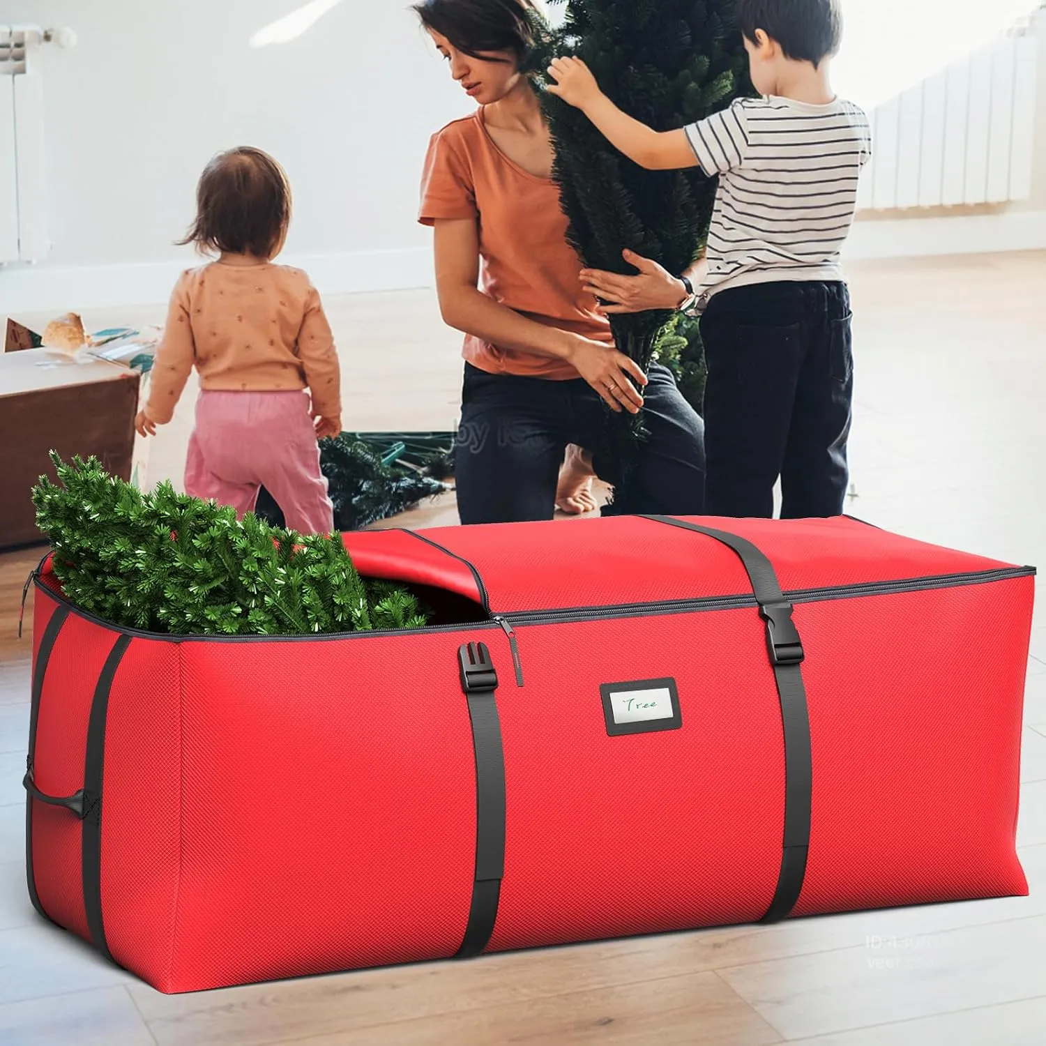 Christmas Tree Storage Bag, Fits Up to 9 Ft Artificial Christmas Tree with Buckle Straps & Dual Zippers & Handles, 600D PVC Durable Waterproof Material Protects from Dust.(Red)
