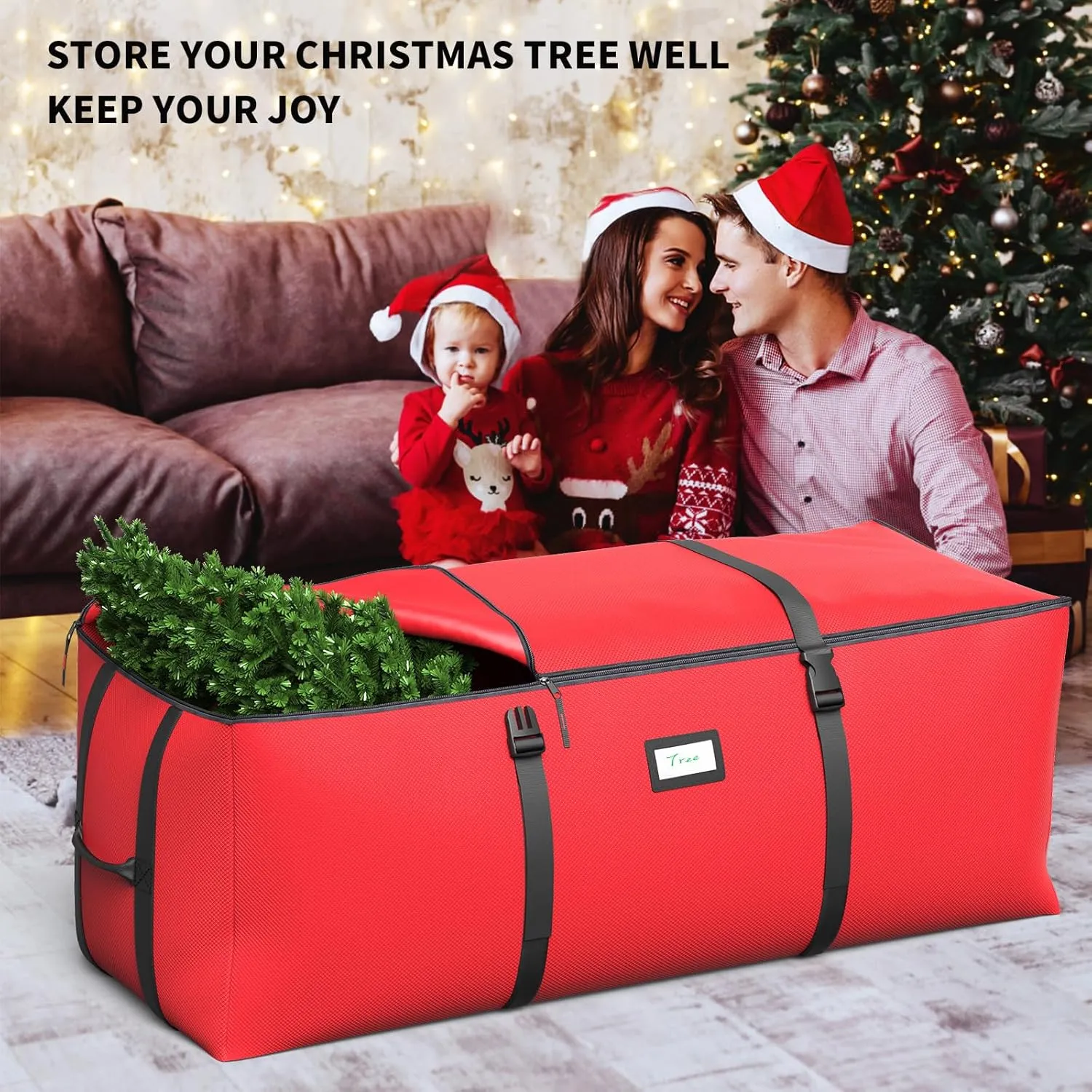 Christmas Tree Storage Bag, Fits Up to 9 Ft Artificial Christmas Tree with Buckle Straps & Dual Zippers & Handles, 600D PVC Durable Waterproof Material Protects from Dust.(Red)