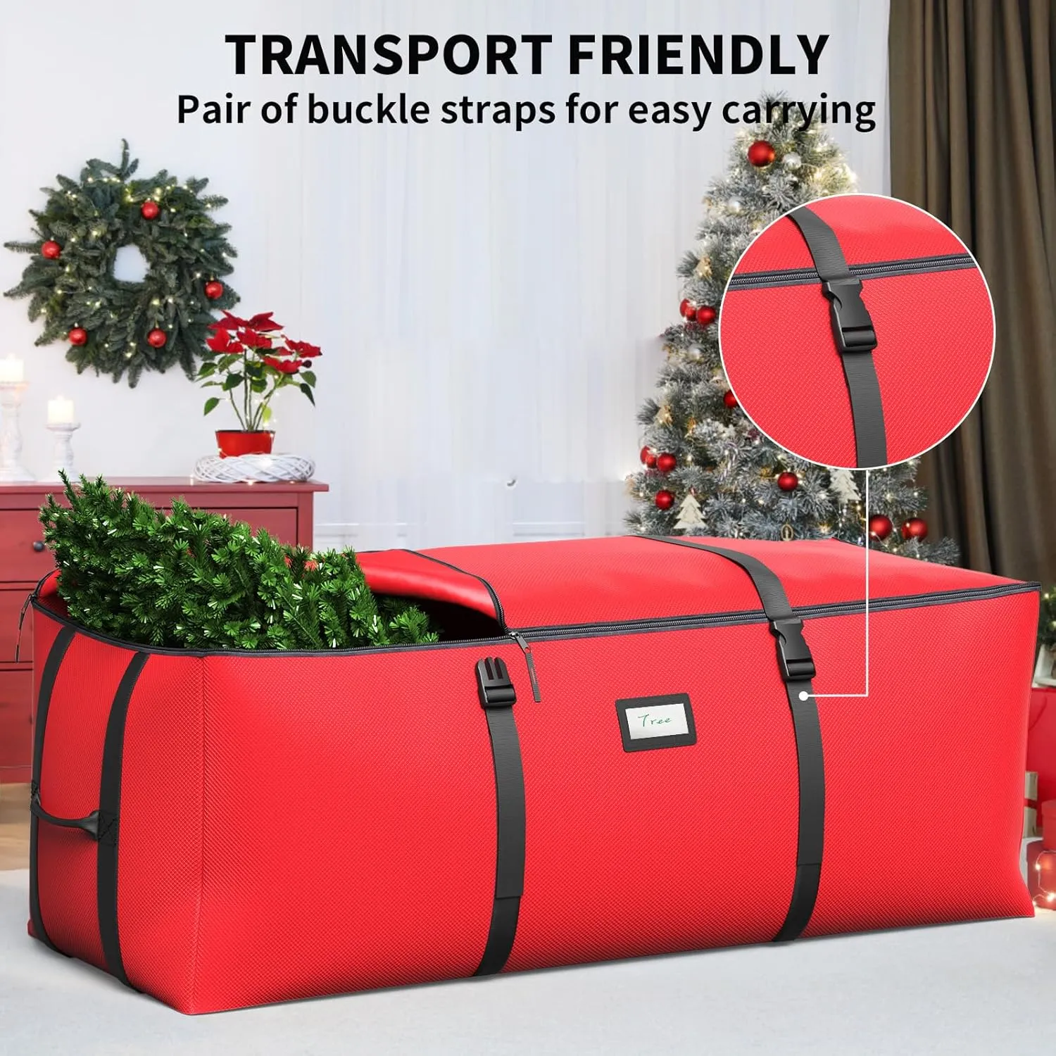 Christmas Tree Storage Bag, Fits Up to 9 Ft Artificial Christmas Tree with Buckle Straps & Dual Zippers & Handles, 600D PVC Durable Waterproof Material Protects from Dust.(Red)